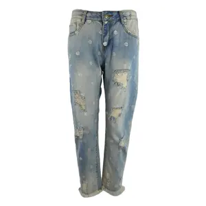 Sweet Boyfriend Style Jeans Spray Painted Women Denim Ripped Loose Raw Edge Custom OEM Jeans para mujer