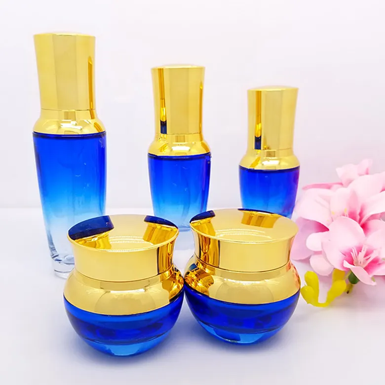 Cobalt blue royal blue glass bottle and jar set for cosmetic packaging