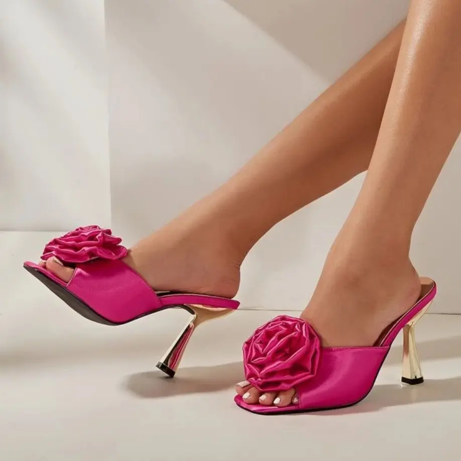 latest designs quabelle brand shoes gold colour Heels shoes beautiful big flowers slippers