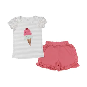 stripe embroidered icecream Girls set ready to ship no moq kids clothing