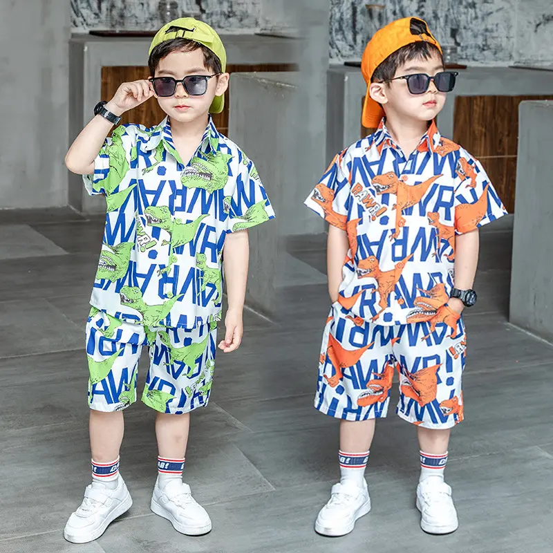 2022 Summer Baby 2pcs Clothes Suit Dinosaur Letters Print Button-down Collar Shirt and Loose Fit Rolled Shorts Boys Outfits