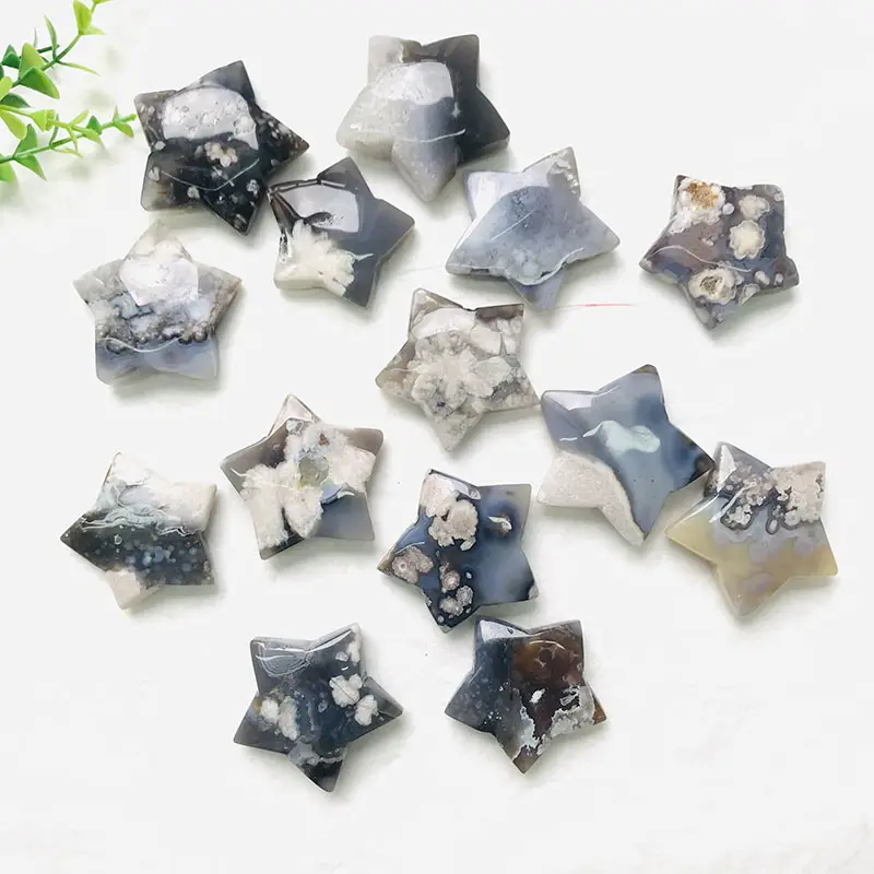 High quality natural crystal black flower agate star healing stone crystal star cherry blossom agate star for gifts