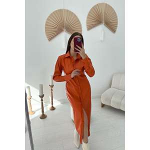 Robe fourreau en cuir orange boutonnée pleine longueur, col cranté, taille naturelle, style simple et élégant - Product Image 3