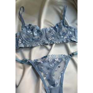 Conjunto de sujetador para mujer con detalles florales azules, push-up, transparente, transpirable, talla XL, decoración bordada de alta calidad, suministro ODM - Product Image 3