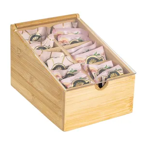 Caixa de chá doméstica personalizável, caixa de chá para casa com tampa acrílica transparente e dobradiça, organizador de bolsa de chá de madeira