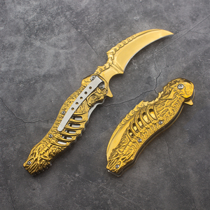 มีดคารัมบิตพับได้ไทเทเนียมสีทอง ใบมีดเหล็กกล้าไร้สนิม 3Cr13 ด้ามจับลายโครงกระดูก 3 มิติ สำหรับพกพา ทำกิจกรรมกลางแจ้ง DIY OEM - Product Image 3