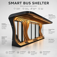 Abri de bus moderne en acier galvanisé à grain de bois ondulé avec bande lumineuse LED chaude dissimulée et verre trempé entièrement transparent