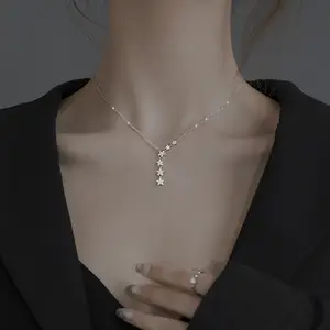 Thiết Kế Mới INS S925 Sterling Silver CZ Pave Star Charm Choker Mặt Dây Chuyền Choker Vòng Cổ Phụ Nữ Cô Gái