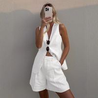 Ensemble décontracté 2 pièces pour femme, nouveau modèle été 2026, en coton et lin, avec gilet et short au-dessus du genou, col en V, style patchwork, vente en gros