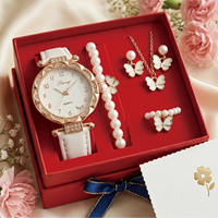 Ensemble cadeau de luxe pour femme : Montre à quartz, collier papillon, boucles d'oreilles et bracelet de perles – Idéal pour les célébrations