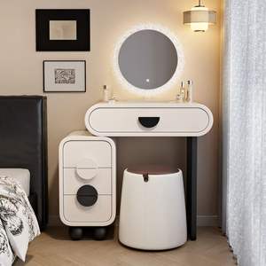 Table de toilette moderne en bois massif, simple, crème, éclairée, extensible, avec tiroirs, intégration d'angle, chambre d'hôtel - Product Image 2