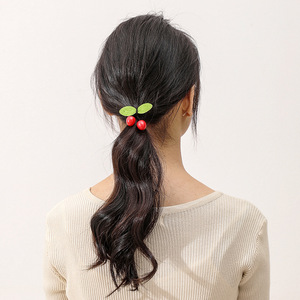 Cherry Hair Tie With Red Cherry <b>Bow</b> And Leaf Design For Ponytail Daily Use Fabric Elastic Hair Rope AL111 - Product Image 3