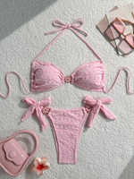 Ensemble bikini Y2K texturé à motifs floraux, haut triangle à nouer style halter, nœud latéral, maillot de bain coupe haute pour femme, décor marguerite, tenue de plage