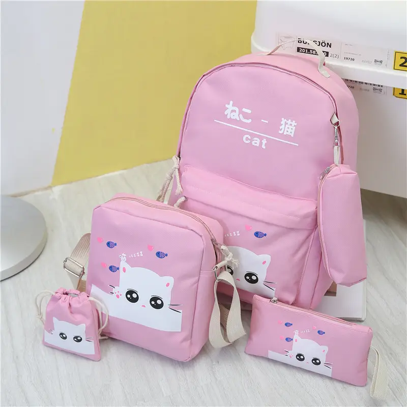 Conjunto de mochilas de cinco peças, mochila impermeável com estampa de gato, mochila personalizada para sala de aula dos estudantes