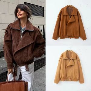 Blouson Bomber <span class=keywords><strong>Vintage</strong></span> <span class=keywords><strong>Femme</strong></span> à Manches Longues avec Fermeture Éclair, Veste Décontractée à Revers pour l'Automne et l'Hiver, Style <span class=keywords><strong>Moto</strong></span> - Product Image 4