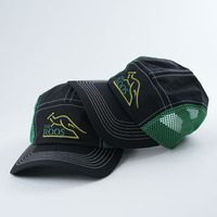 Casquette de sport en tissu 100% nylon imperméable, vert, avec filet noir, logo brodé, visière incurvée, 5 panneaux