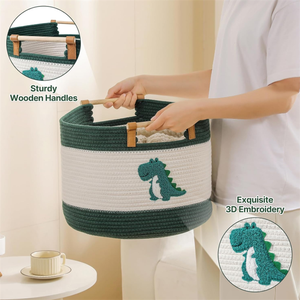 Panier de rangement pour jouets animaux en peluche pour enfants Panier en corde de coton avec poignées en bois - Product Image 5