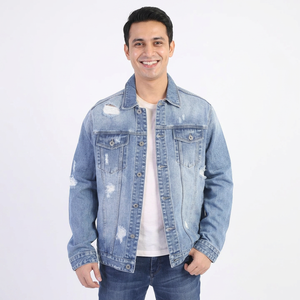 Classic <b>Men</b> <b>Denim</b> <b>Jacket</b> in Acid Wash Distressed Slim Fit Ideal for Urban Casual Streetwear - Product Image 1