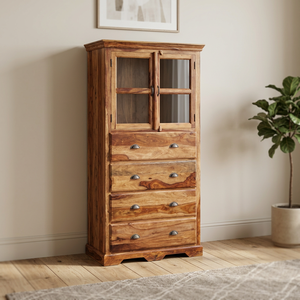 Armoire de rangement moderne en bois massif, vitrine pour cuisine, armoire de rangement pour salon, placard à 4 tiroirs et 2 portes, fabrication artisanale - Product Image 2