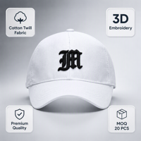 Casquette de baseball personnalisée en twill de coton blanc avec broderie 3D gothique noire, visière incurvée réglable à fermeture snapback