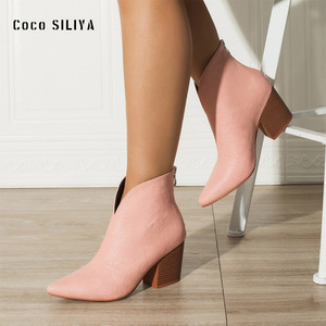Coco Siliya – bottines pour femmes, bout pointu, talon épais, bottines roses à la mode, confortables pour un usage quotidien - Product Image 1