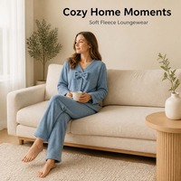 Ensemble de pyjama d'hiver en flanelle pour femmes, vêtements de nuit douillets en polaire, cardigan à col en V et pantalon de pyjama à jambes droites