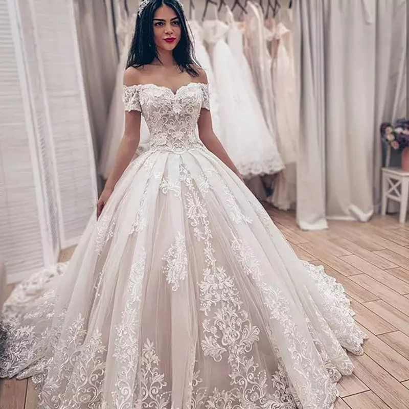 Luxury Ball Gown Wedding Dress with Appliques, Cap Sleeve, Off Shoulder, and Lace-Up Sweep Train for Elegant Brides Luxury Ball Gown Wedding Dress with Appliques, Cap Sleeve, Off Shoulder, and Lace-Up Sweep Train for Elegant Brides
