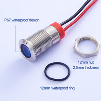 Luz indicadora metálica de 12 mm, lámpara de señal LED, 12 V, 24 V, 220 V, impermeable IP65, cabezal plano, latón niquelado, terminal de pin, interruptor de alimentación
