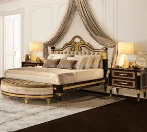 शानदार क्लासिक इतालवी शाही सोने के नक्काशीदार फर्नीचर बेडरूम सेट, नाइटस्टैंड के साथ लक्जरी प्राचीन किंग साइड बेड