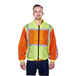 RC100 jaket keamanan lengan panjang jaket keselamatan reflektif peringatan rompi kuning dan oranye nyaman kerah jaket