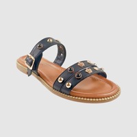 Sandales plates pour femmes, à double bride avec boucle réglable et perles, mules à enfiler, chaussures souples d'extérieur à bout ouvert pour femmes