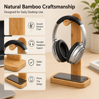 Support pour casque en bambou personnalisable avec plateau pour téléphone, organisateur de bureau multifonctionnel, support pour casque en bambou