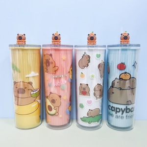 Capybara Student <b>Cup</b> 720Ml Double Wall Plastic <b>Straw</b> <b>Cup</b> With <b>Lid</b> Travel Drinkware For Kids <b>And</b> Adults - Product Image 1