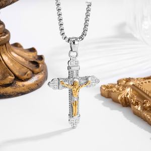 Collar con Colgante de Cruz Crucifijo para Hombre, Acero Inoxidable, Chapado en Oro de 18K, Cadena de Caja, Jesús, Fe Cristiana, Circonita Cúbica, Regalo - Product Image 6