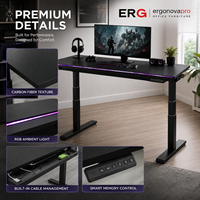 Bureau debout électrique avec éclairage RGB, hauteur réglable, bureau de travail avec plateau en fibre de carbone, contrôle par mémoire