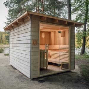 Sauna extérieur carré <span class=keywords><strong>en</strong></span> <span class=keywords><strong>bois</strong></span> massif pour 4 personnes avec fenêtre panoramique, <span class=keywords><strong>douche</strong></span>, <span class=keywords><strong>cabine</strong></span> <span class=keywords><strong>de</strong></span> vapeur <span class=keywords><strong>de</strong></span> luxe <span class=keywords><strong>en</strong></span> épicéa, alimentation électrique - Product Image 2