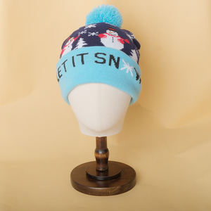 Bonnet en tricot de haute qualité, doux, pour l'hiver, bonnet thermique sans revers, motifs, bonnet à <span class=keywords><strong>gros</strong></span> <span class=keywords><strong>pompon</strong></span>, motif neige, chapeau de Père Noël - Product Image 4