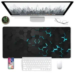 Blue Honeycomb Science Technology Extended Gaming Mouse Pad Big Desk Mat With Non-Slip Base And Stitched Edge Keyboard Mouse Mat