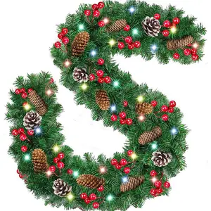 Holiday Artificial Christmas Garland Christmas Bauble For Stairs Fireplace Decoration Rattan Flocked Pine Cones Berries