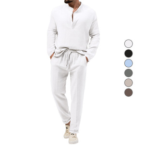 <b>Men's</b> Solid Cotton Waffle <b>Shirt</b> Set <b>Long</b> <b>Sleeve</b> Breathable Spring Casual Wear <b>White</b> - Product Image 1