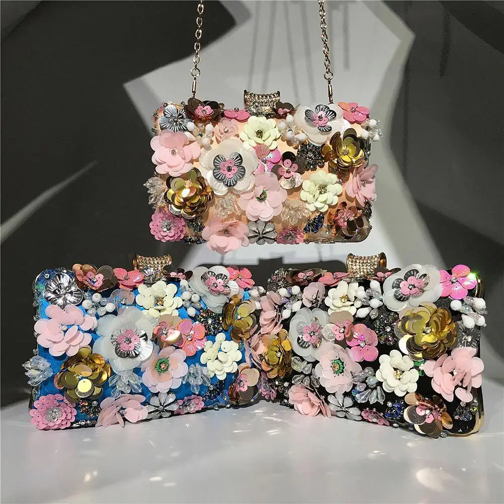 Factory Price Wholesale Party Purse Fashion Ladies Floral Crystal Beaded Clutch Evening Bag Luxury