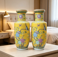 Grand vase décoratif en céramique de style chinoiserie pour la décoration de hall d'hôtel ou de villa, style antique, paire de vases rouleaux en porcelaine jaune chinoise