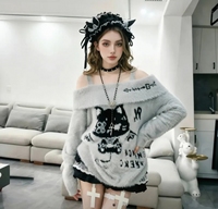 Gothic Y2K Off-Shoulder Flauschiger Pullover mit süßem Katzenmotiv, weicher Strickpullover, Alt-Ästhetik, warmer Winterpullover für Damen
