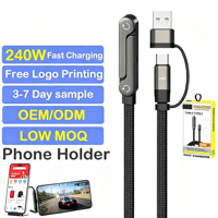 Kabel Pengisi Daya Cepat 240W 2-in-1 USB-C dengan Stand Ponsel, Dapat Dilipat, Stand yang Dapat Disesuaikan, Konduktor Tembaga Berlapis Kain, Desain Tahan Lama untuk