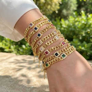 Bracelet plaqué or 18 carats avec halo de pierres CZ colorées rectangulaires, serti micro-pavé, maillons <span class=keywords><strong>gourmette</strong></span> épais, ensemble de bracelets - Product Image 1