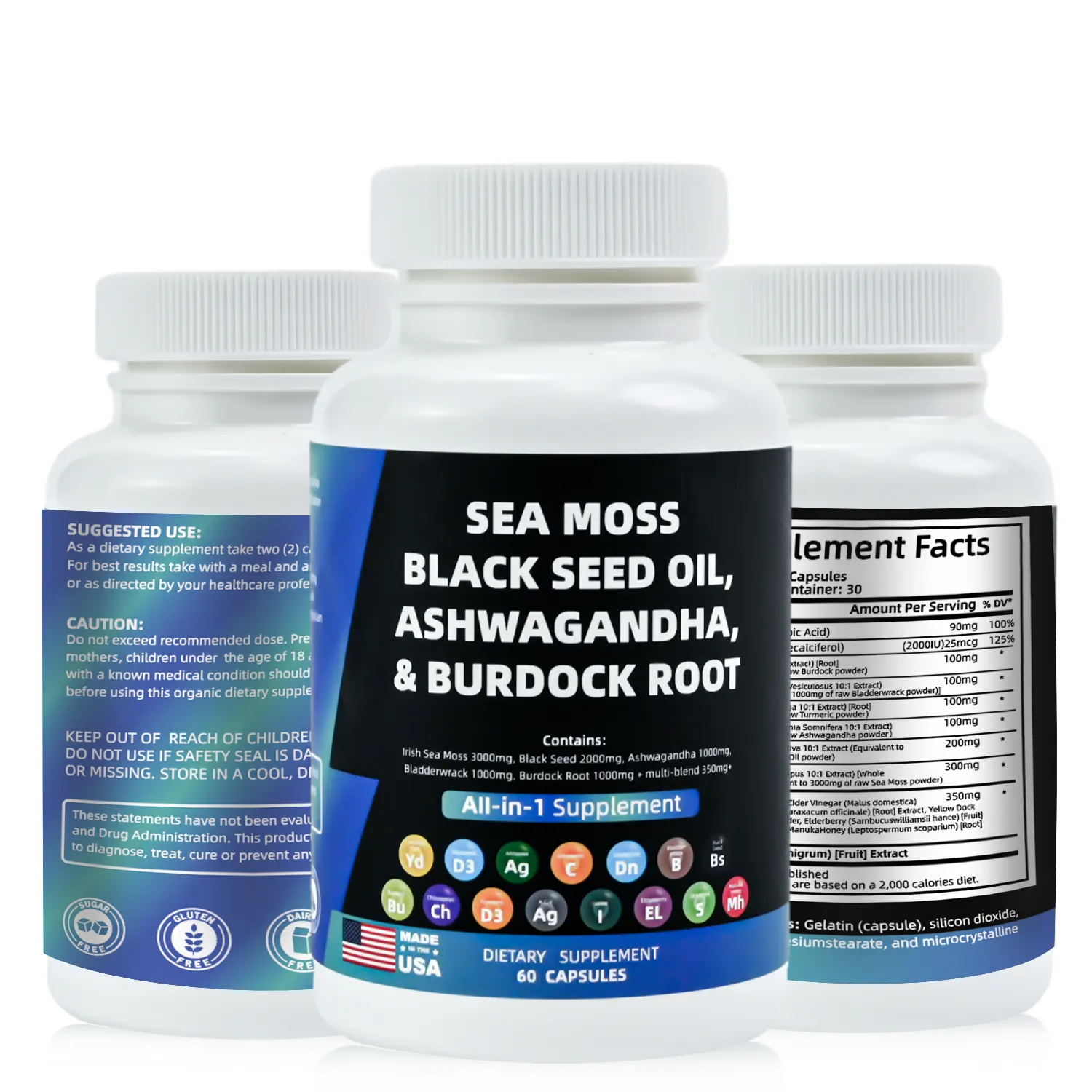 Extrait de mousse de mer complément à base de plantes ashwagandha huile de graine noire racine de bardane capsules de mousse de mer végétaliennes biologiques personnalisées