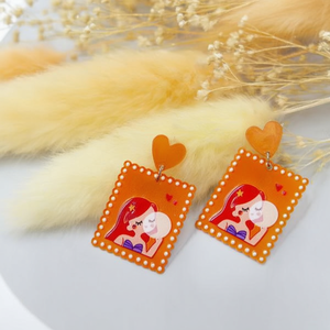 Orecchini Dipinti PENDIENTE Design Quadrato Arancione con Ciondolo a Cuore Gioielli alla Moda 12 Pezzi - Product Image 2