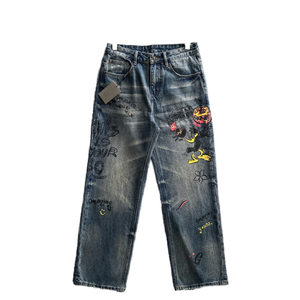 Jean vintage droit taille mi-haute pour homme, style édition corrigée, imprimé graffiti tendance, en denim de haute qualité, vêtements de marque de luxe - Product Image 1