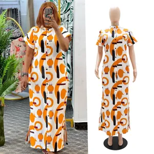 10376 New 2024 Spring Summer Boutique Clothing Women Short Sleeve Stand Neck Casual Dresses Fashion Sexy Printed Maxi Dress