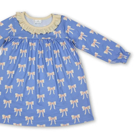 Robes en gros pour bébés filles, à carreaux, avec nœuds et fleurs, à manches longues à volants, col et longueur genou